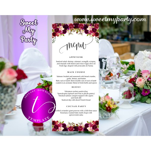 Floral burgundy Menu tea length template,Burgundy restaurant menu,(032w)